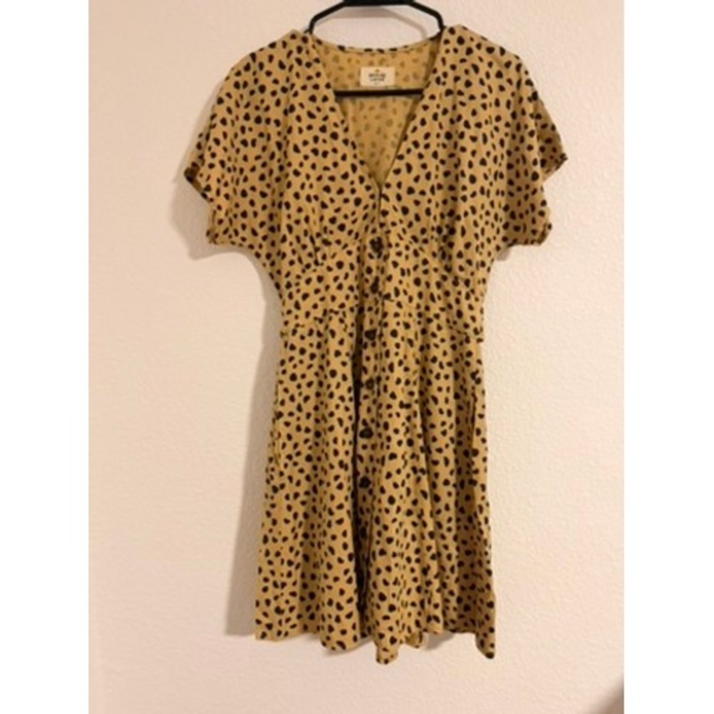 Marine Layer Mustard Yellow Animal Spot Button Front Camila Dress Small Pockets